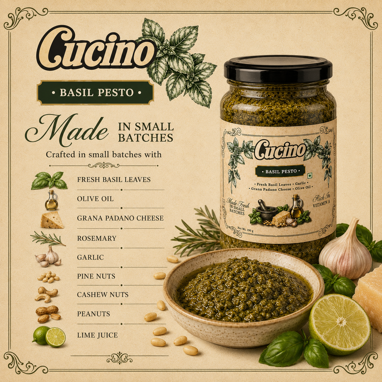 Cucino's Artisan Basil Pesto